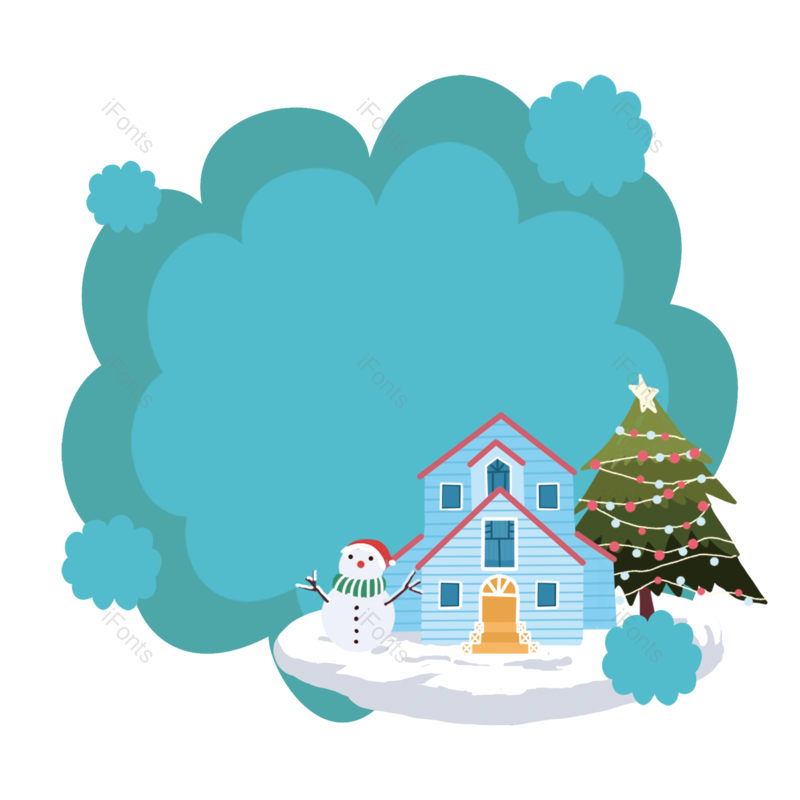 蓝色图片,雪地元素,房屋PNG,边框装饰免抠素材